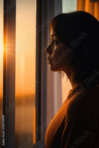 Depressed lonely young woman looking through the window