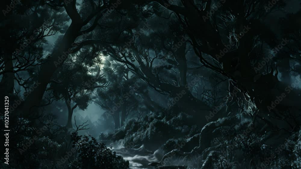 A path through a dark forest lit by moonlight, Deep, dark hues suggest a sense of mystery and depth A path through a dark forest lit by moonlight, Deep, dark hues suggest a sense of mystery and depth