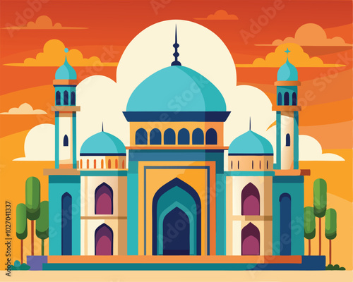 Stunning Mosque Vector Illustration, Vibrant Islamic Architecture Art, mosque vector illustration,