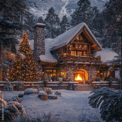 A cozy cabin with a lit Christmas tree and a warm fireplace in a snowy forest setting.