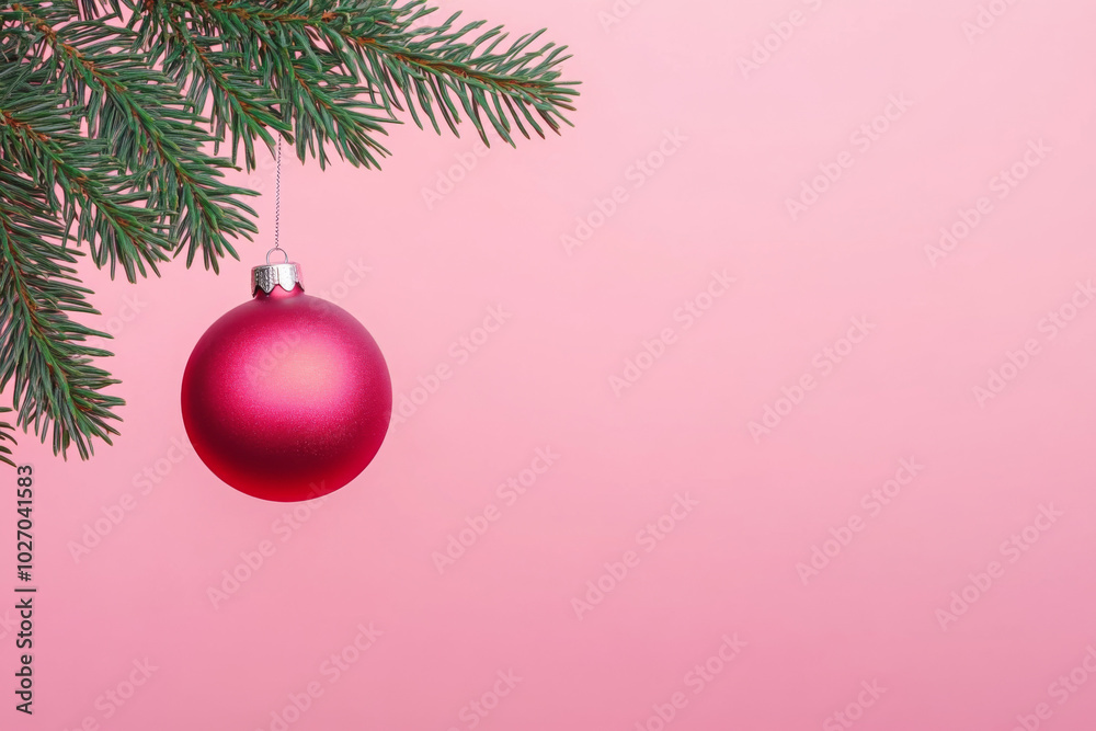 A single red bauble hangs from a pine branch against a vibrant pink backdrop