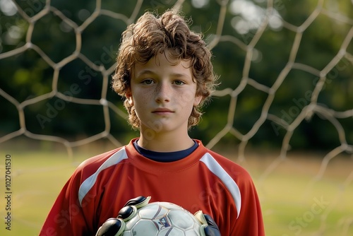 There is copy space available in the picture of a kid goalie holding a soccer ball, Generative AI. photo