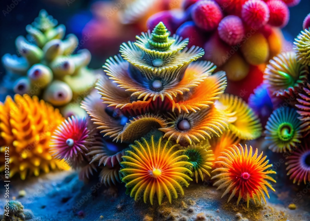 Stunning Tilt-Shift Photography of Christmas Tree Worm Spirobranchus giganteus in Coral Reef Habitat Stunning Tilt-Shift Photography of Christmas Tree Worm Spirobranchus giganteus in Coral Reef Habitat