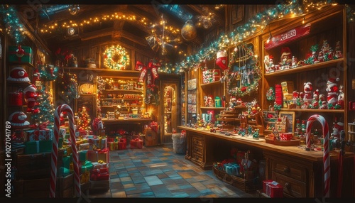 A cozy Christmas shop filled with ornaments, toys, and decorations.