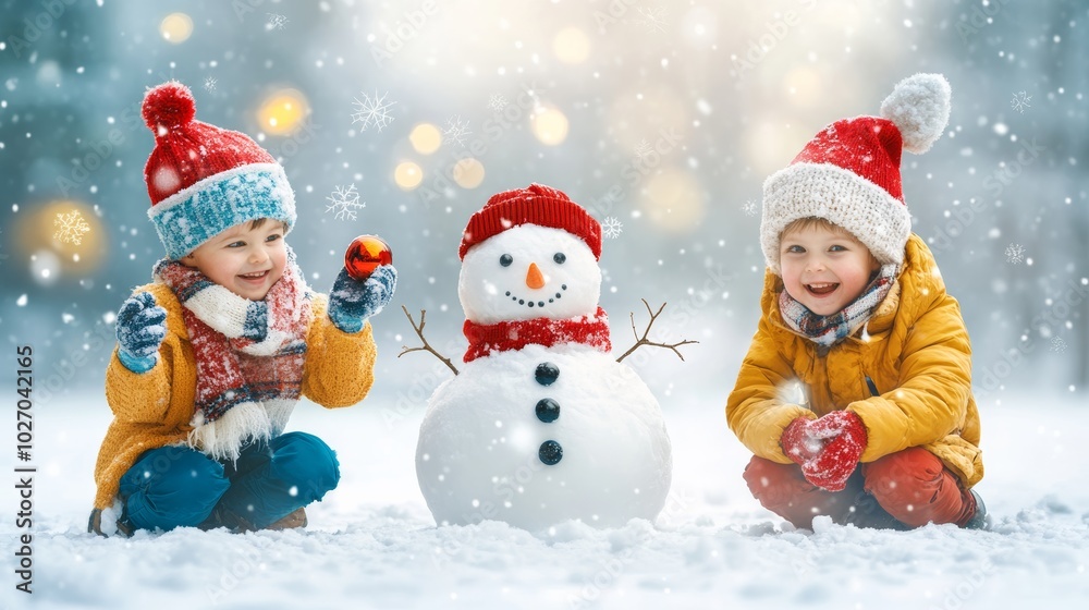 Children building a snowman in a park decorated with Christmas ornaments, wearing warm winter clothes, clean background--C100 Children building a snowman in a park decorated with Christmas ornaments, wearing warm winter clothes, clean background--C100