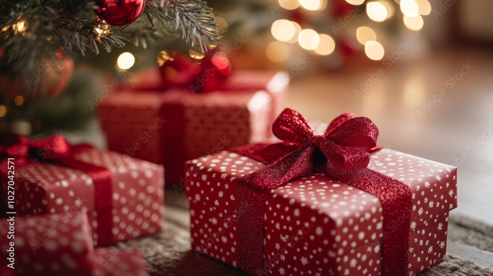 Christmas gift boxes wrapped in festive paper and ribbons under a decorated tree clean background--C100 Christmas gift boxes wrapped in festive paper and ribbons under a decorated tree clean background--C100
