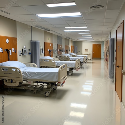 Hospital beds in an empty ward labeled for HCU, ICU, and General use.