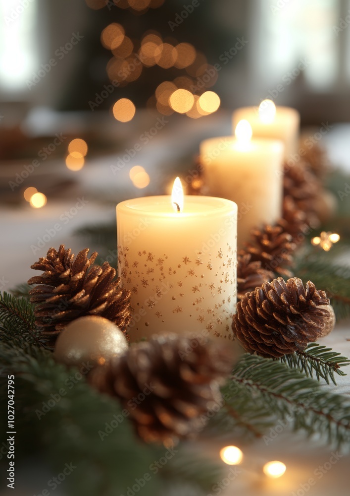 Christmas table setting with candles and pine cones solated on white background--C100 Christmas table setting with candles and pine cones solated on white background--C100