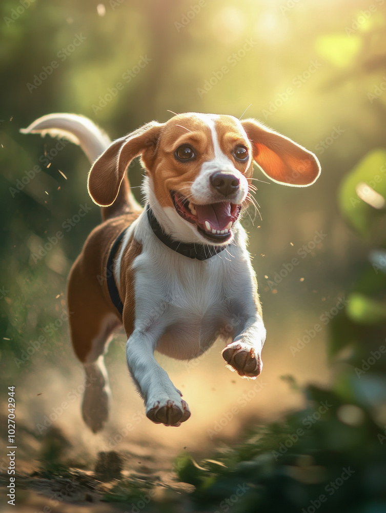 Happy beagle dog running on a forest path at sunset Happy beagle dog running on a forest path at sunset