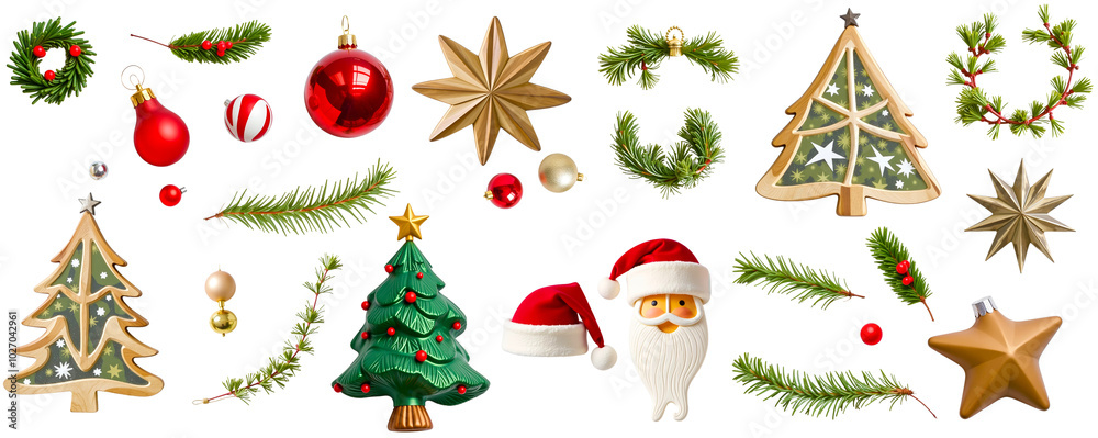 Christmas Ornament Collection: A festive assortment of Christmas ornaments, featuring ornaments, wreaths, stars, trees, Santa Claus, and pine branches, ready for crafting, scrapbooking. Christmas Ornament Collection: A festive assortment of Christmas ornaments, featuring ornaments, wreaths, stars, trees, Santa Claus, and pine branches, ready for crafting, scrapbooking.