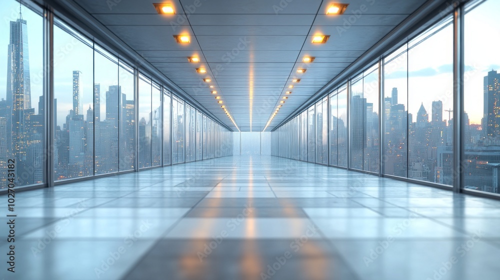 A large, empty room with a city view in the background A large, empty room with a city view in the background