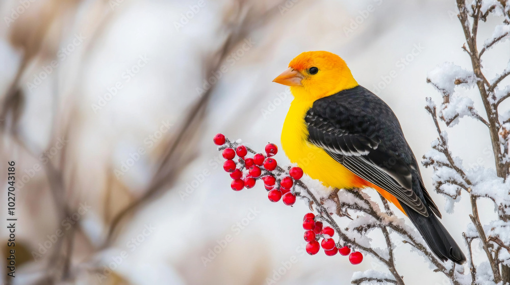 A bright yellow bird perched on snow-dusted mountain ash with red berries A bright yellow bird perched on snow-dusted mountain ash with red berries