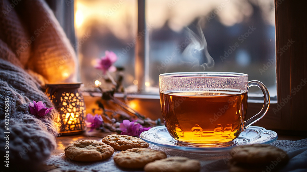 Relaxing afternoon tea with tea cookies and a cozy. Relaxing afternoon tea with tea cookies and a cozy.