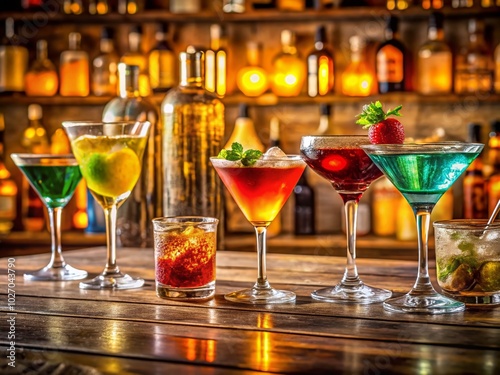 Stylish Cocktail Glasses on a Rustic Bar Counter with Beer Background for Vibrant Nightlife Imagery