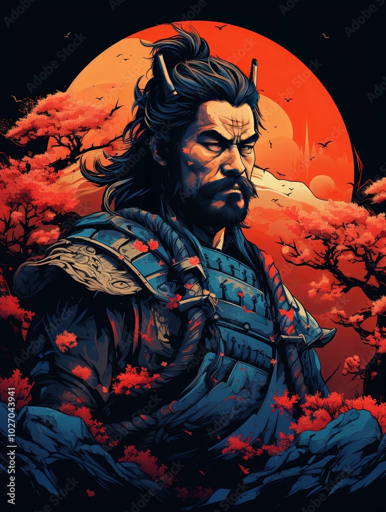 A Stoic Samurai Warrior With a Red Sun Behind Him A Stoic Samurai Warrior With a Red Sun Behind Him