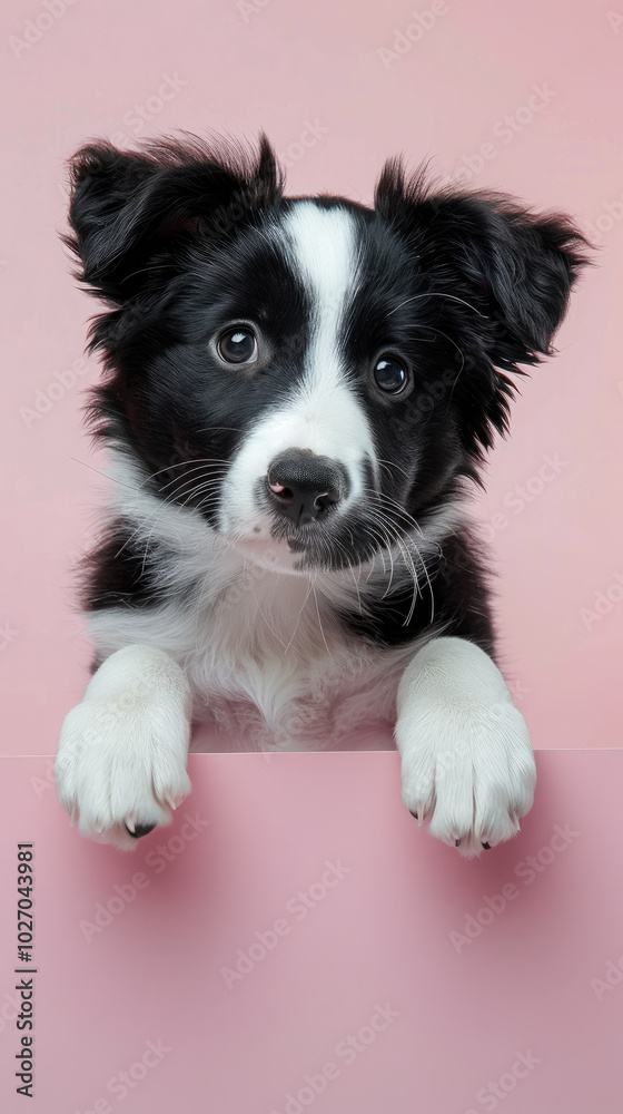 Border Collie puppy dog peeking out from the edge of a blank billboard with his paws on the bottom edge and his head facing forward on a cute and adorable pastel background