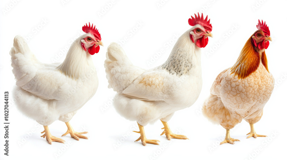 Fototapeta premium Closeup of white chickens in portrait and profile views on a clean background