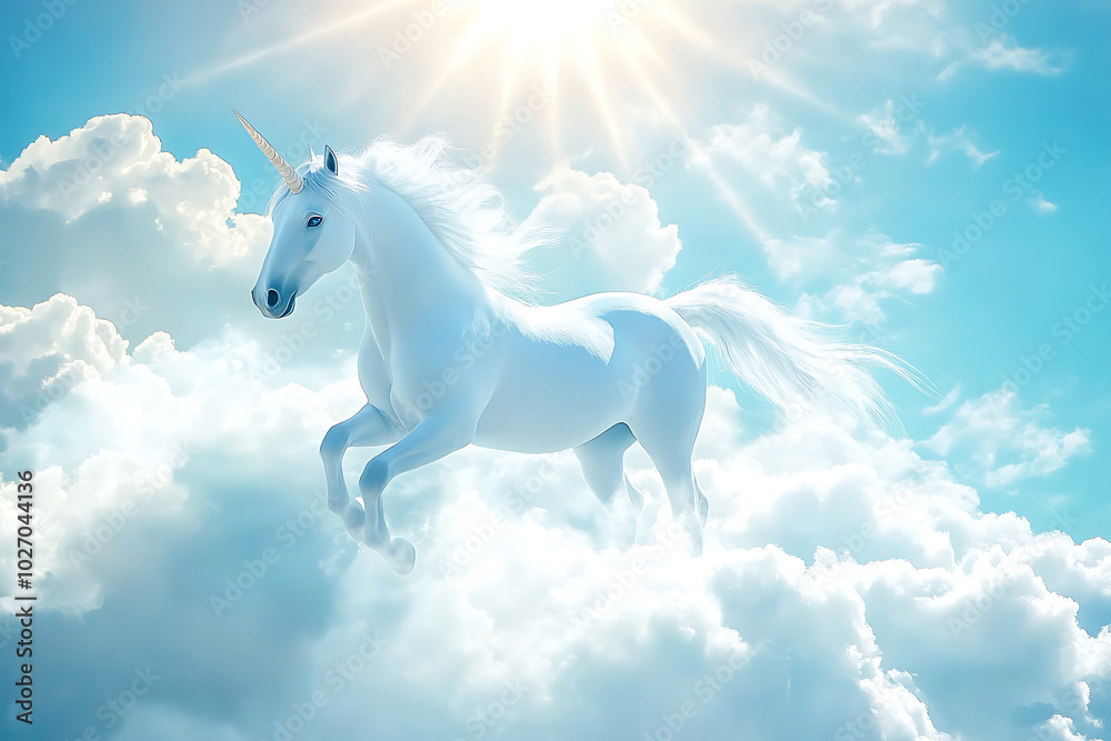 Majestic unicorn through soft clouds. Majestic unicorn through soft clouds.