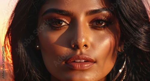 Close-up portrait of a stunning Indian woman, dark eyes, flowing black hair