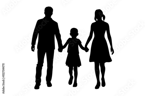 Happy young family walking outdoor holding hands | vector silhouette illustration on white background