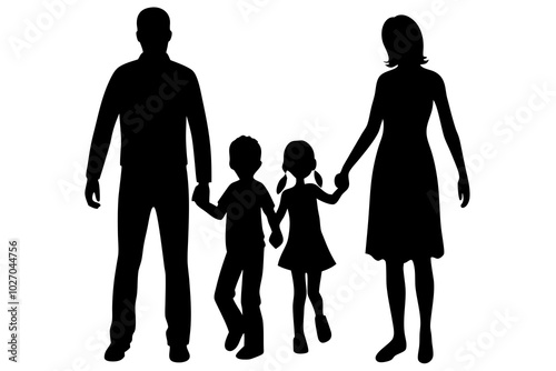 Happy young family walking outdoor holding hands | vector silhouette illustration on white background