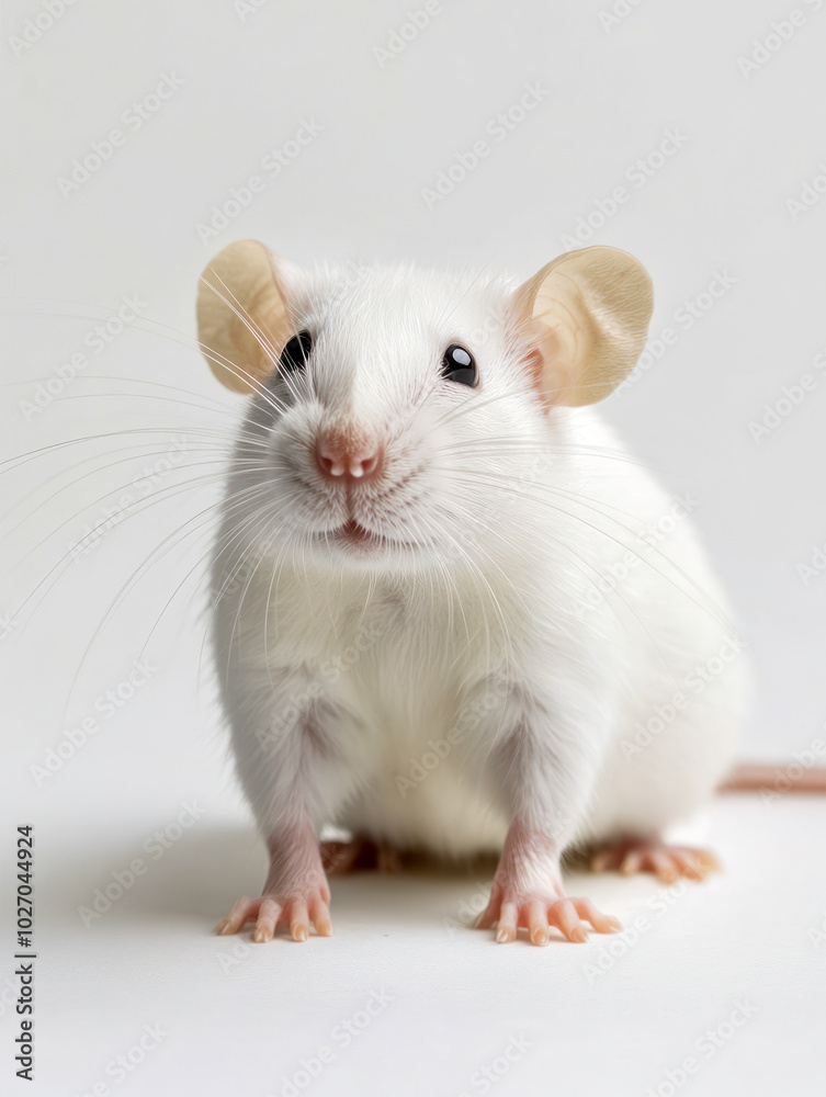 Close-up of a white rat with whiskers on a white background