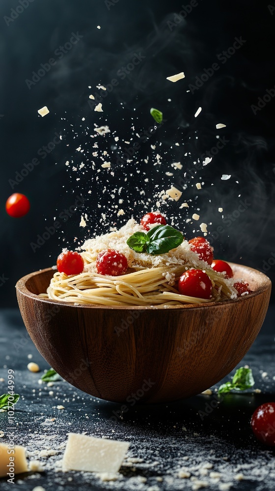 Pasta with parmesan and tomato sauce in a wooden bowl. floating Homemade Italian spaghetti Pasta with parmesan and tomato sauce in a wooden bowl. floating Homemade Italian spaghetti