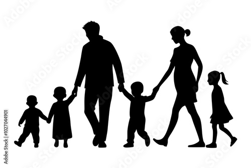 Happy young family walking outdoor holding hands | vector silhouette illustration on white background