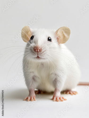 Close-up of a white rat with whiskers on a white background