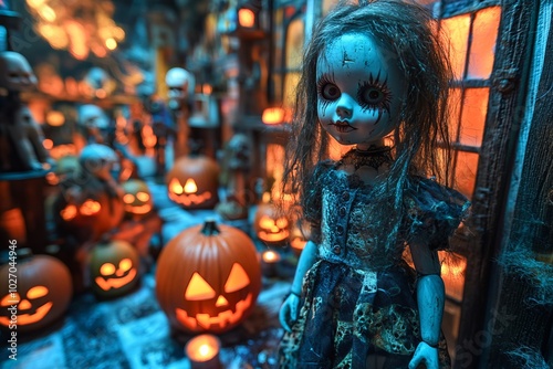 A creepy doll stands in front of a row of lit jack-o'-lanterns and other spooky figures.