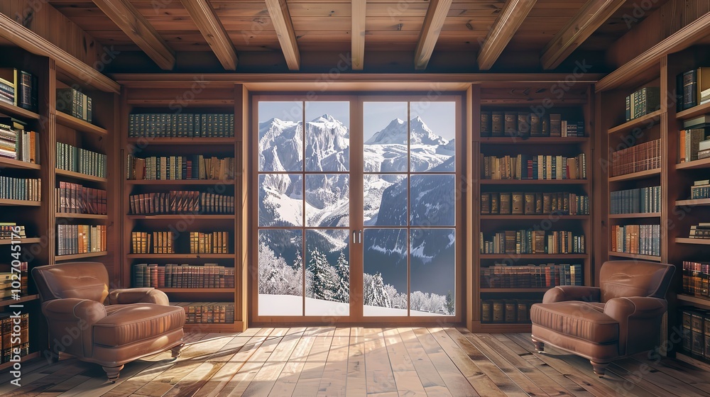 Warm light fills this lovely wooden library with large windows overlooking the mountains and bookcases, Generative AI.