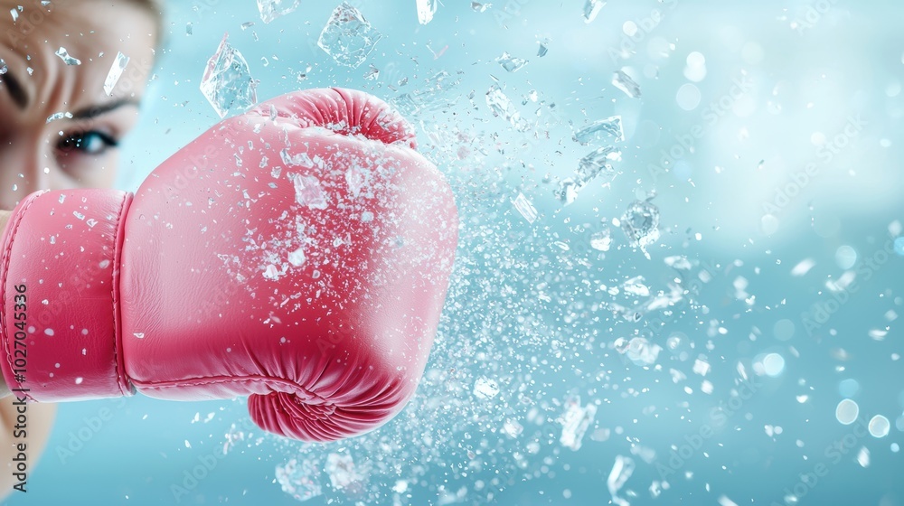 Fototapeta premium A determined woman in boxing gear delivers a powerful punch with pink boxing gloves, shattering a glass ceiling backdrop.
