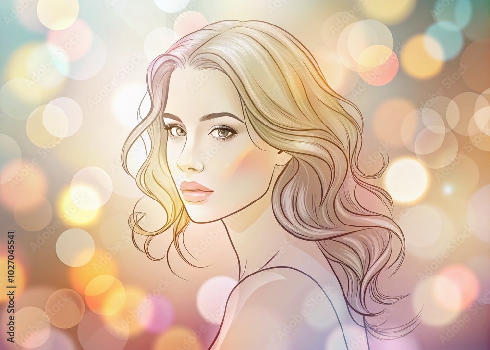 Stylized continuous line representation of a female gender icon enhanced with a vibrant bokeh effect, perfect for contemporary design applications Stylized continuous line representation of a female gender icon enhanced with a vibrant bokeh effect, perfect for contemporary design applications