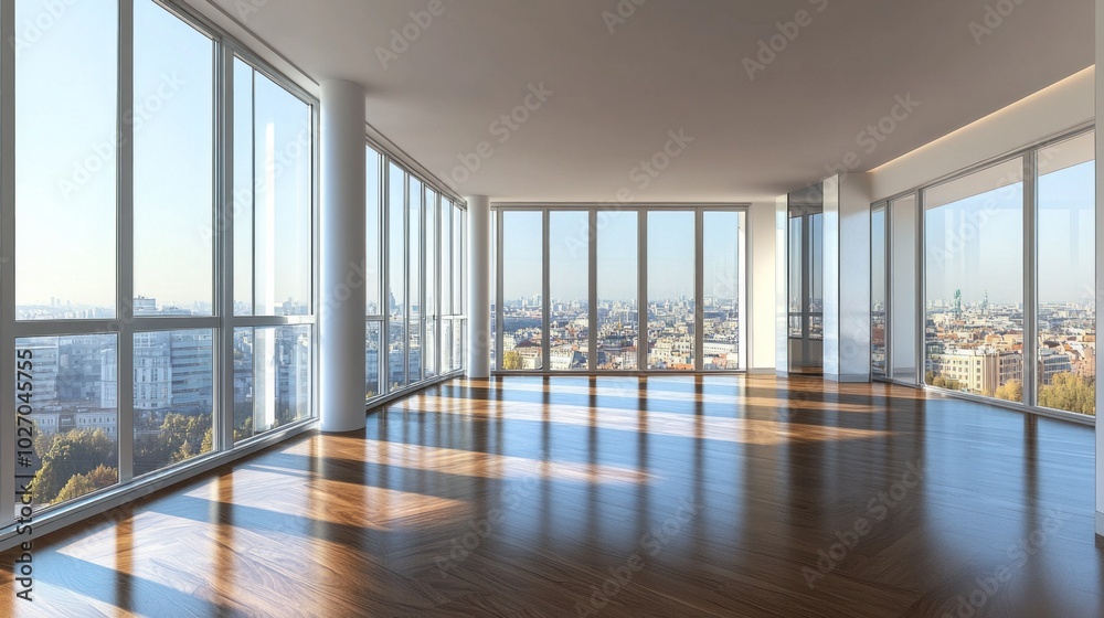 A large, empty room with a view of the city A large, empty room with a view of the city