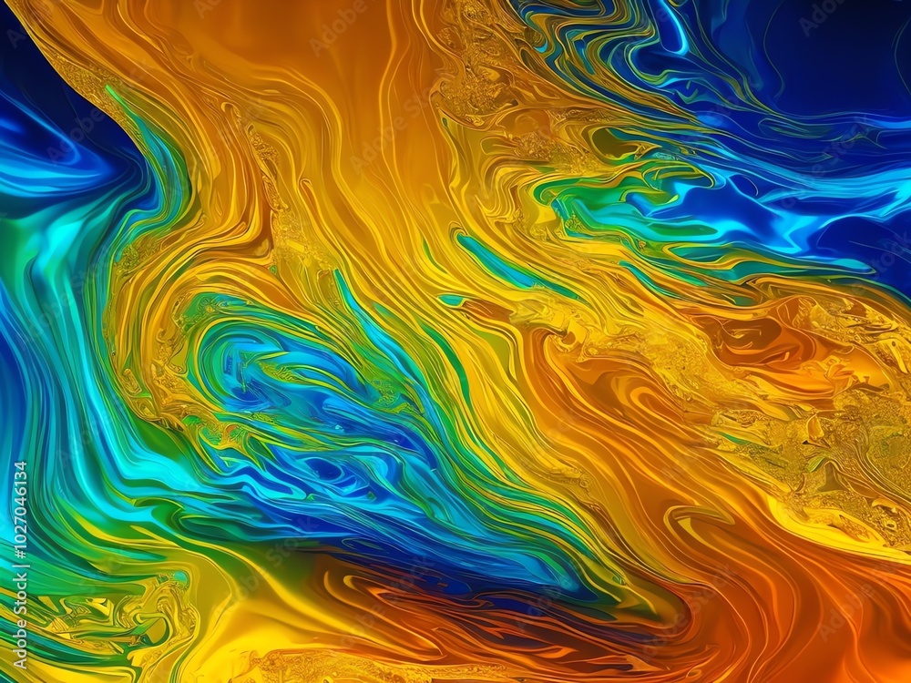 An illustration of liquid in vibrant golden and blue hues