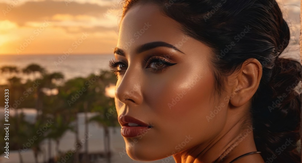 Elegant portrait of a stunning Latina woman, olive skin, dark hair, tropical sunset Elegant portrait of a stunning Latina woman, olive skin, dark hair, tropical sunset