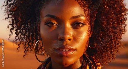 Hyperrealistic portrait of an African woman, natural curls, glowing skin