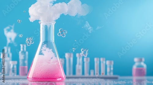 A laboratory flask filled with a bubbling pink concoction, steam rising and forming whimsical shapes against a backdrop of laboratory equipment. photo