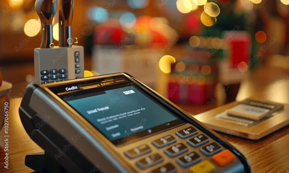 A payment terminal on a wooden table in a cozy setting.