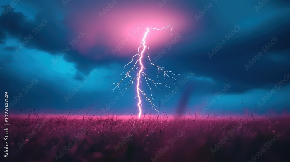 Lightning strikes, illuminating the night sky with a vibrant pink hue ...