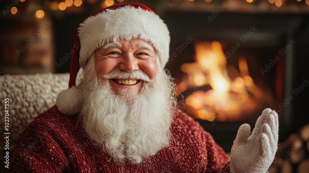 Santa Claus waving at the camera with a warm smile in front of a cozy fireplace clean background--C100 Santa Claus waving at the camera with a warm smile in front of a cozy fireplace clean background--C100
