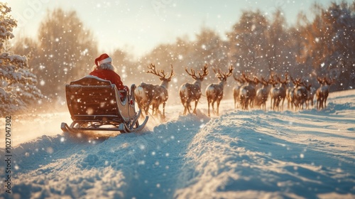 Santa Claus sleigh riding through a snowy landscape with reindeer clean background--C100 photo