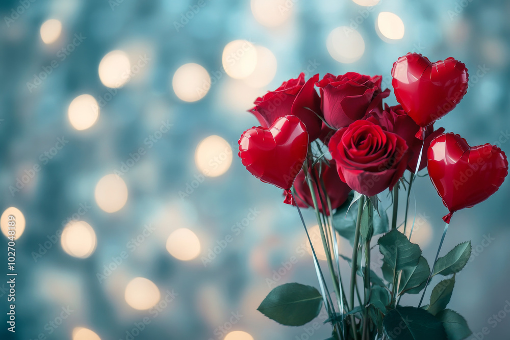 Obraz premium Romantic bouquet of red roses and heart-shaped balloons for special occasions