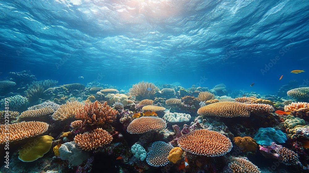 Naklejka premium Vibrant coral reef teeming with life in the clear blue ocean, illuminated by sunlight.