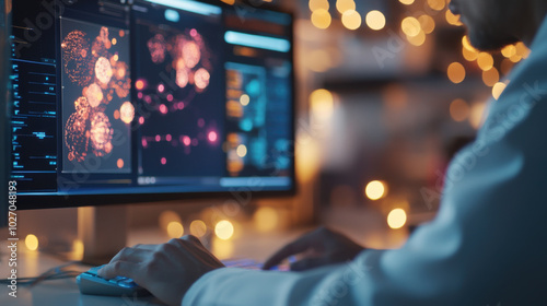 laboratory technician is analyzing data on computer, surrounded by warm, illuminated environment. screen displays intricate visualizations, showcasing complexity of data being processed