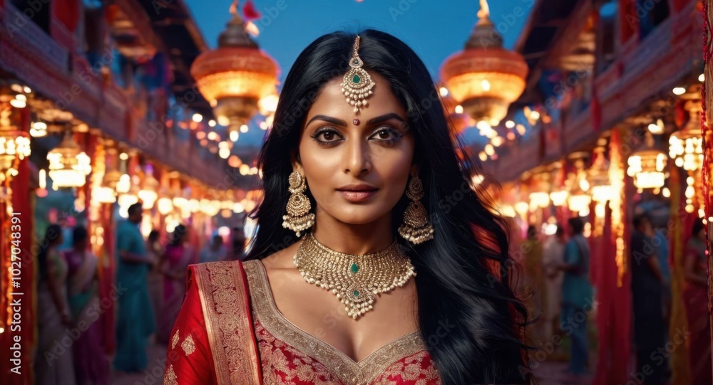 Elegant portrait of a stunning Indian woman, long black hair, festival background Elegant portrait of a stunning Indian woman, long black hair, festival background