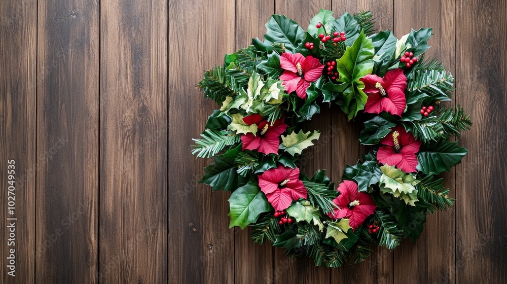 Tropical Christmas wreath made of palm leaves and hibiscus flowers hanging on a wooden door, clean background--C100 Tropical Christmas wreath made of palm leaves and hibiscus flowers hanging on a wooden door, clean background--C100