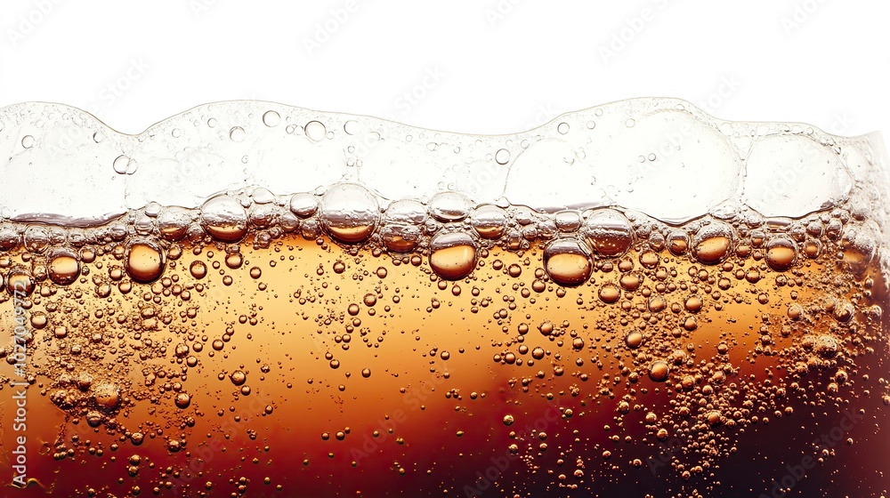 Side view background of refreshing cola flavored soda with bubbles isolated