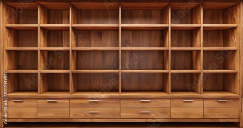wooden cabinet with bare shelves and drawers. Contemporary furnishings, Generative AI. photo