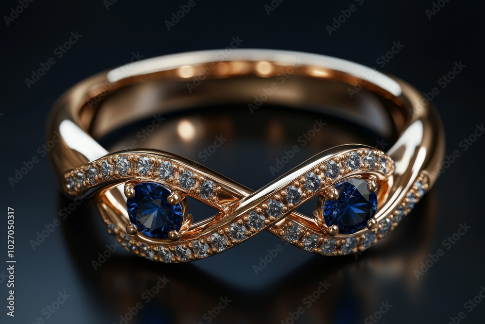 Elegant infinity ring with blue stones displayed on a dark surface Elegant infinity ring with blue stones displayed on a dark surface